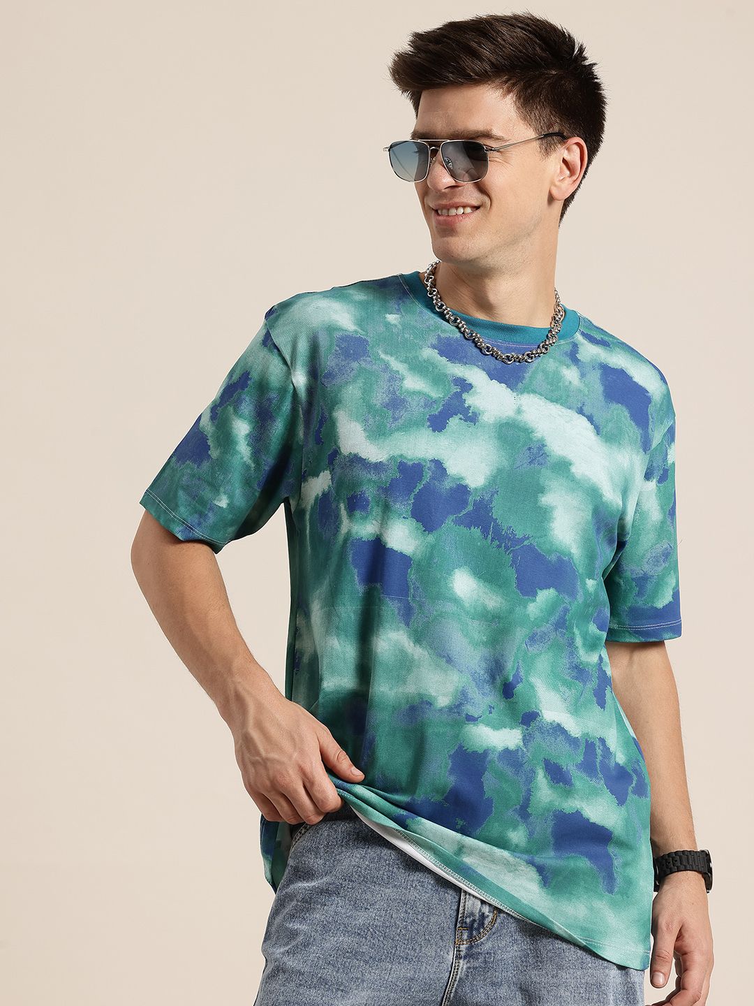 HERE&NOW Printed Drop-Shoulder Sleeves Cotton Relaxed T-shirt