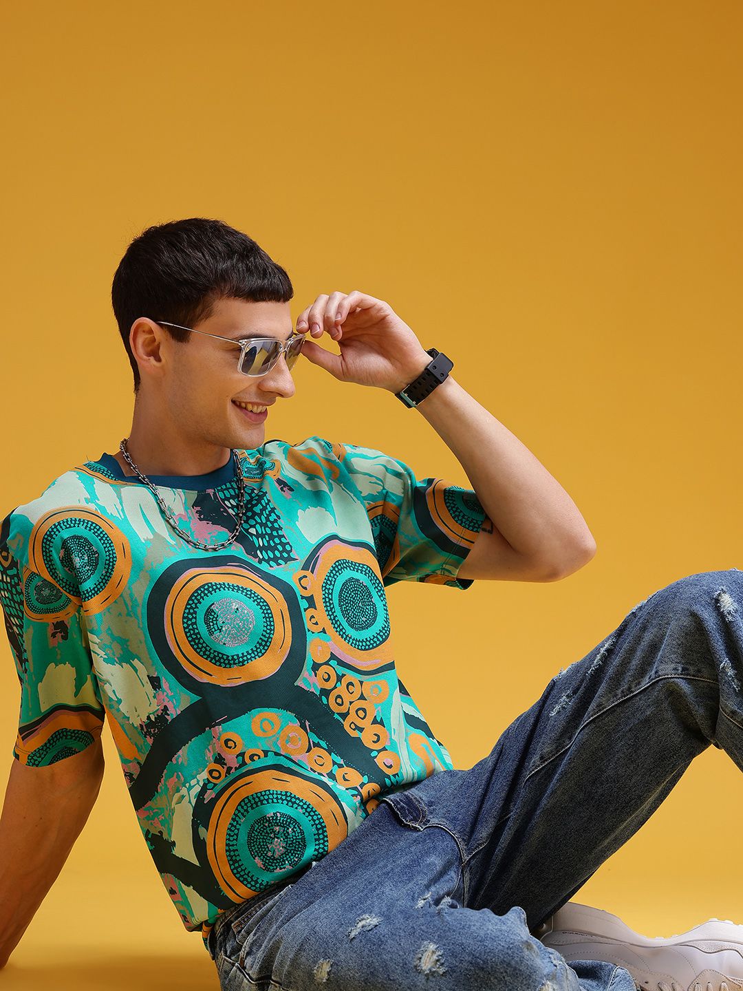 HERE&NOW Printed Drop-Shoulder Sleeves Cotton T-shirt