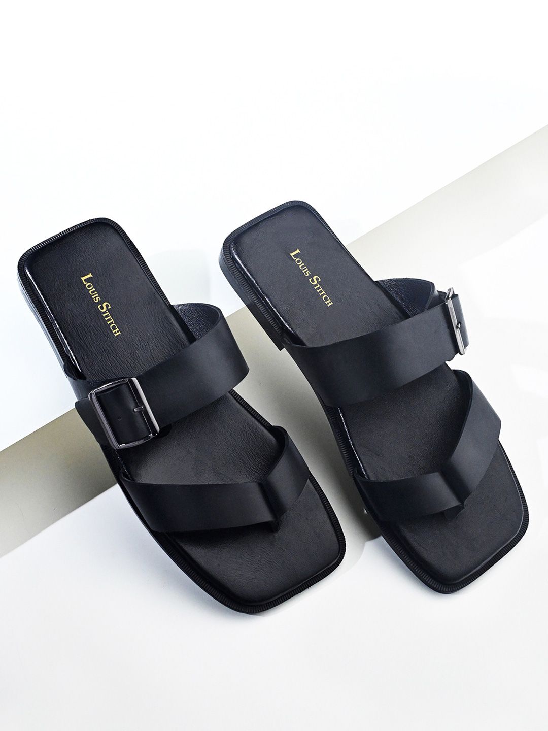 LOUIS STITCH Jet Black Open Toe Lightweight T-Strap Leather Sandal
