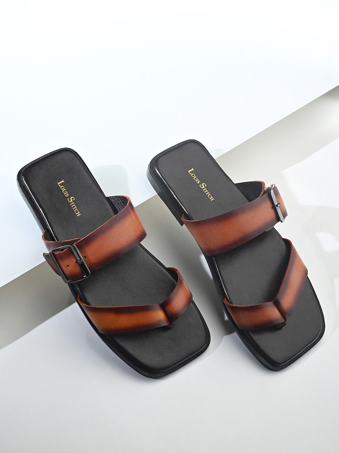 LOUIS STITCH Tan Open Toe Lightweight T-Strap Leather Sandal with Adjustable Buckle Strap