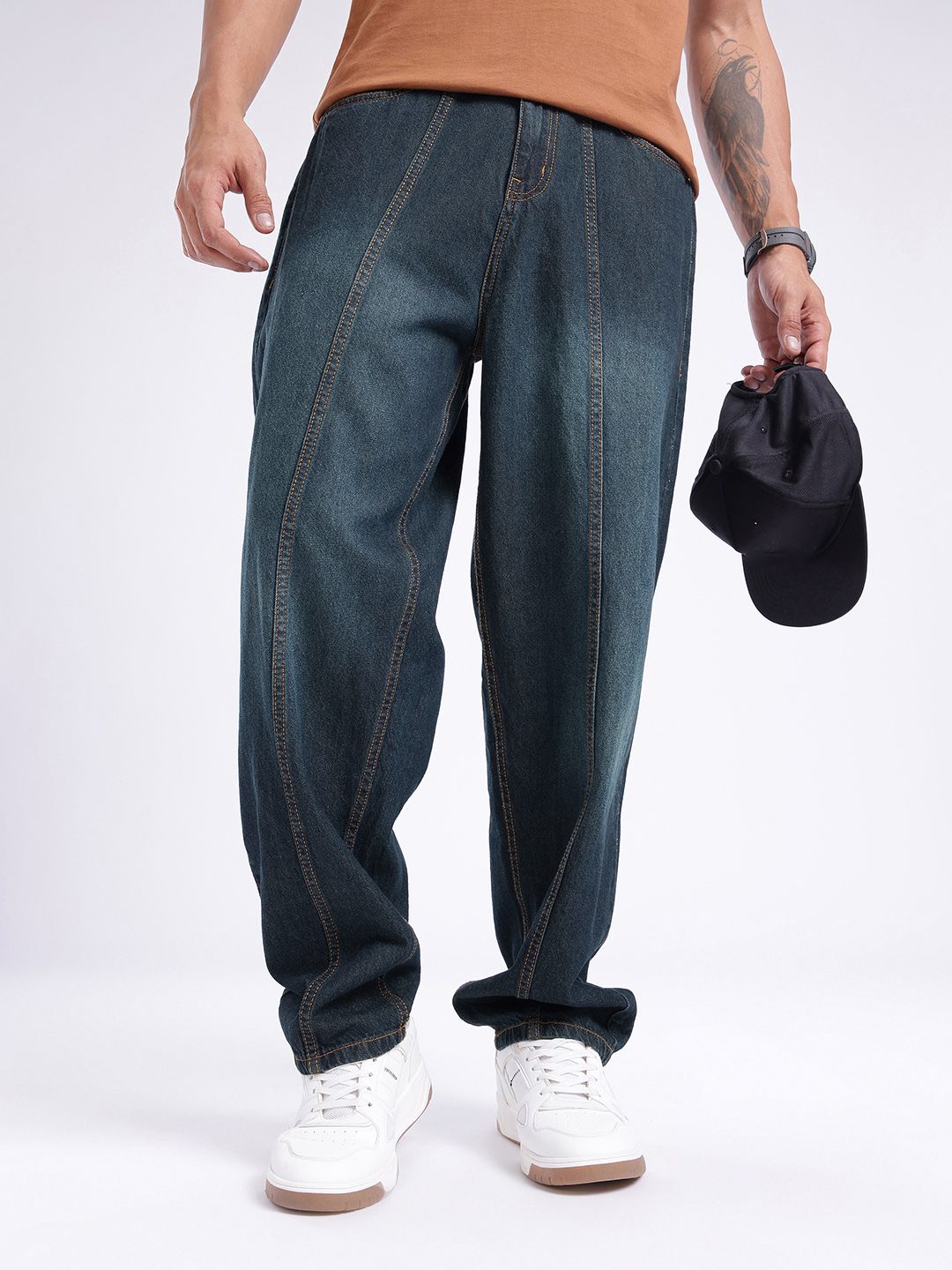 glitchez Men Skater Fit Light Fade Panelled Jeans