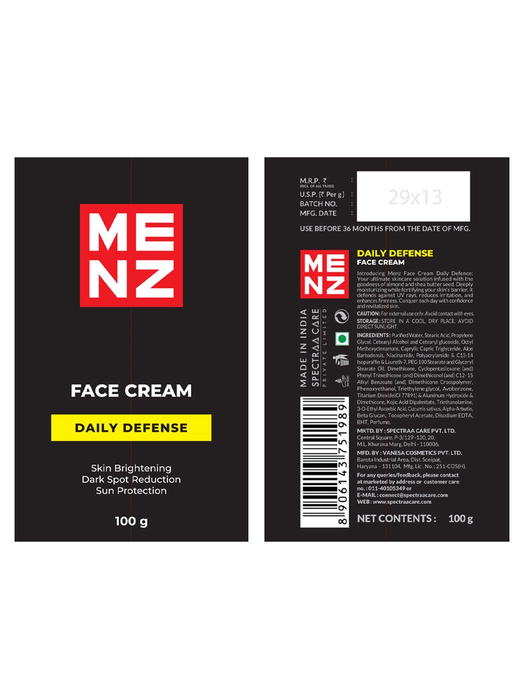 Buy MENZ Men Daily Defence Face Cream With Almond & Shea Butter