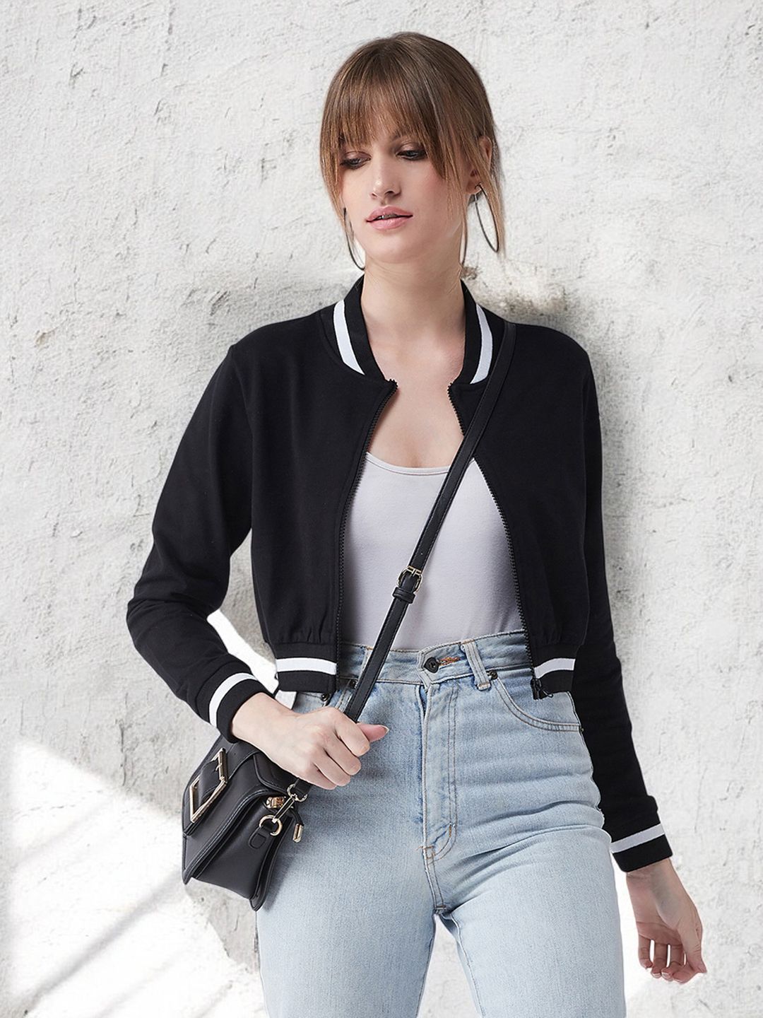 Miss Chase Women Suede Crop Bomber Jacket