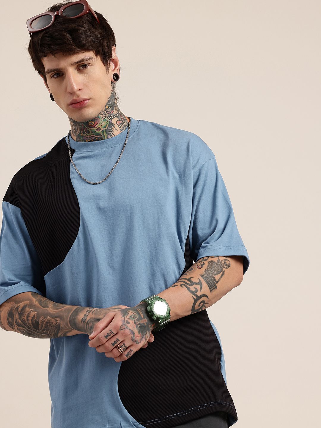 HERE&NOW Relaxed Fit Self Design Textured Pure Cotton T-shirt