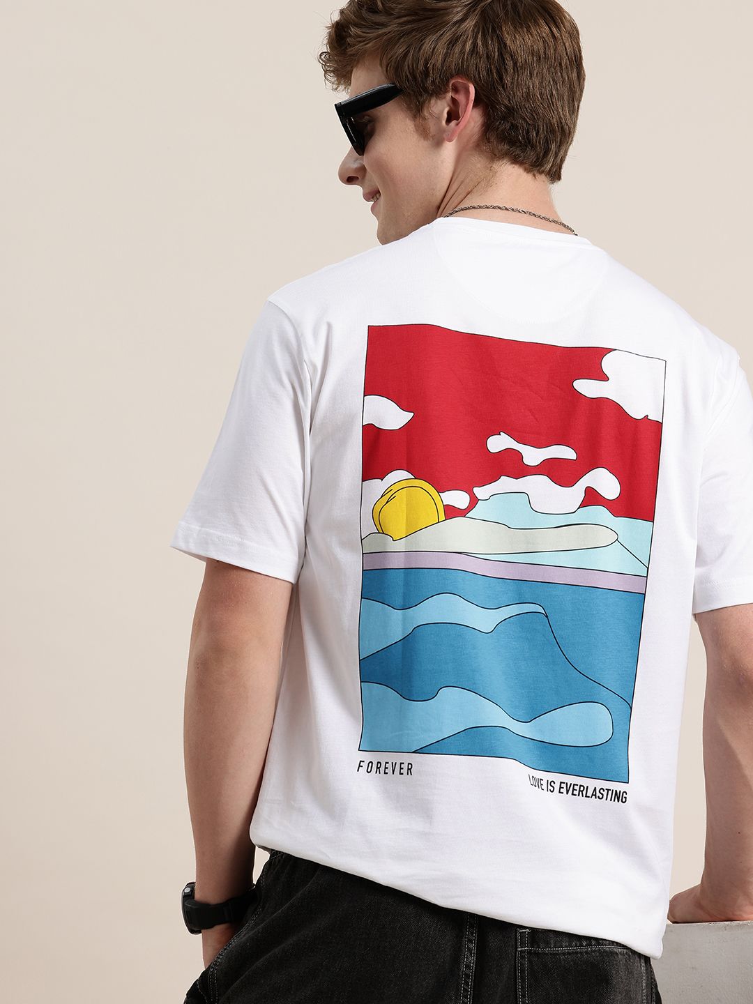 HERE&NOW Printed Drop-Shoulder Sleeves Relaxed Fit Pure Cotton T-shirt