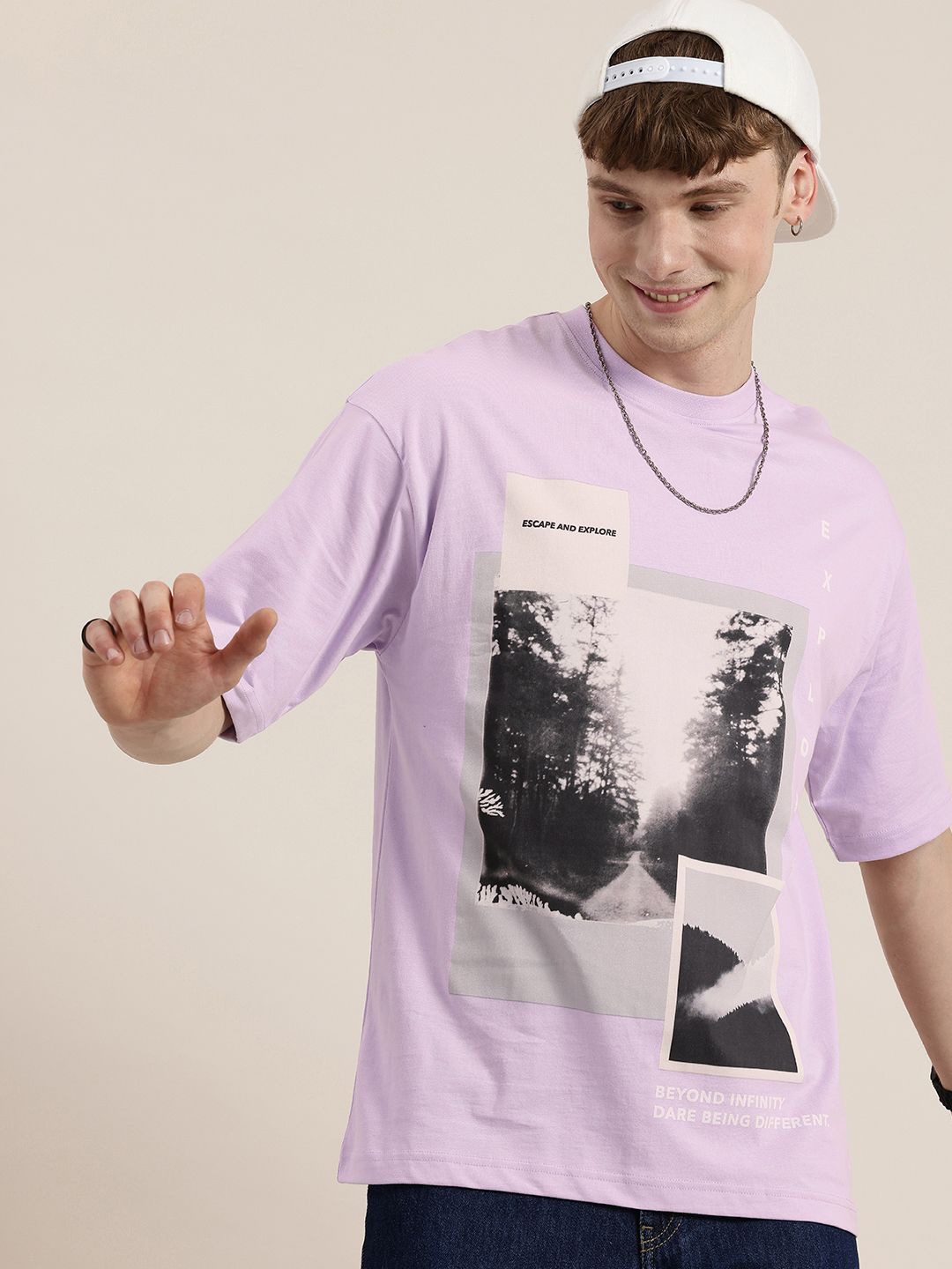 HERE&NOW Graphic Printed Drop-Shoulder Sleeves Pure Cotton Relaxed Fit T-shirt