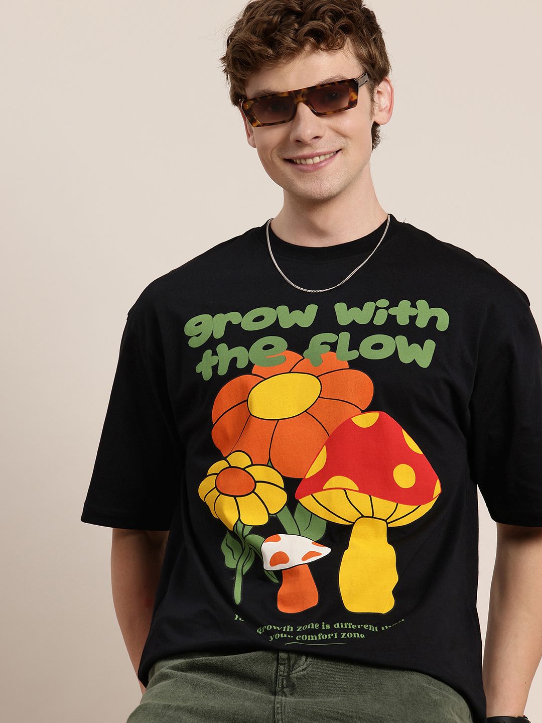 HERE&NOW Pure Cotton Graphic Printed Drop-Shoulder Sleeves Oversized Fit T-shirt