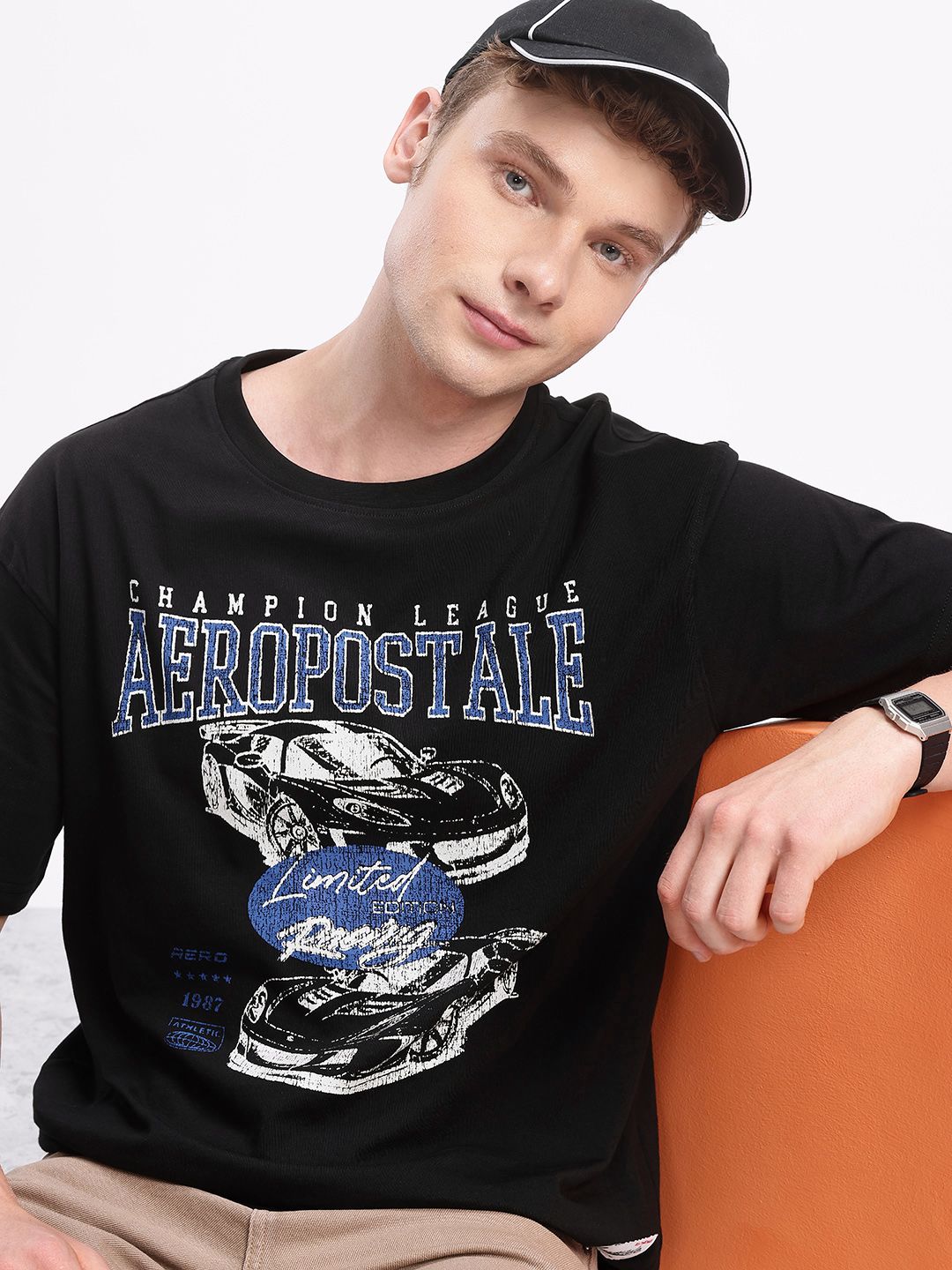 Aeropostale Pure Cotton Brand Logo Printed Drop-Shoulder Sleeves Relaxed T-shirt