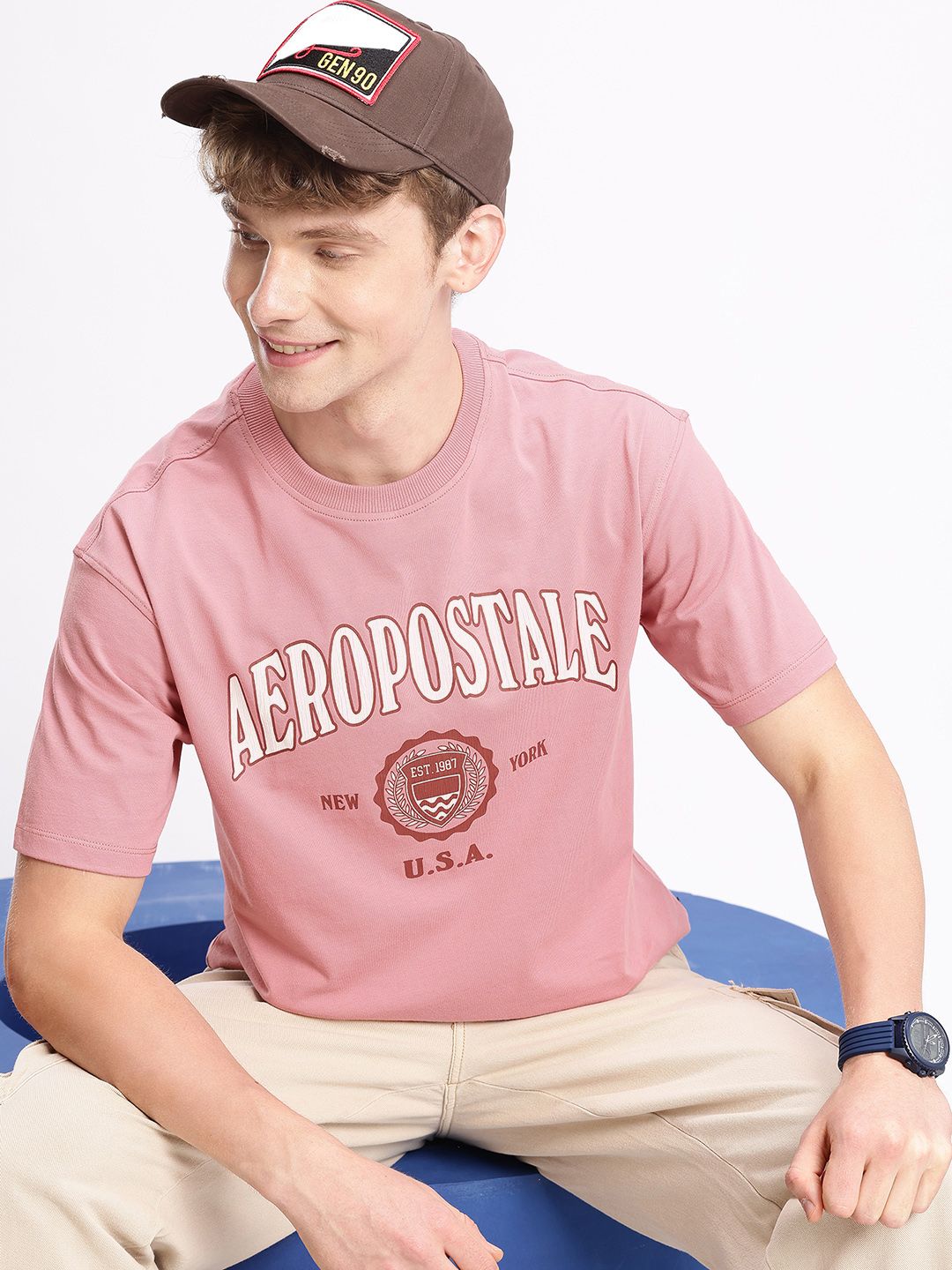 Aeropostale Brand Logo Printed Drop-Shoulder Sleeves Pure Cotton Relaxed Fit T-shirt