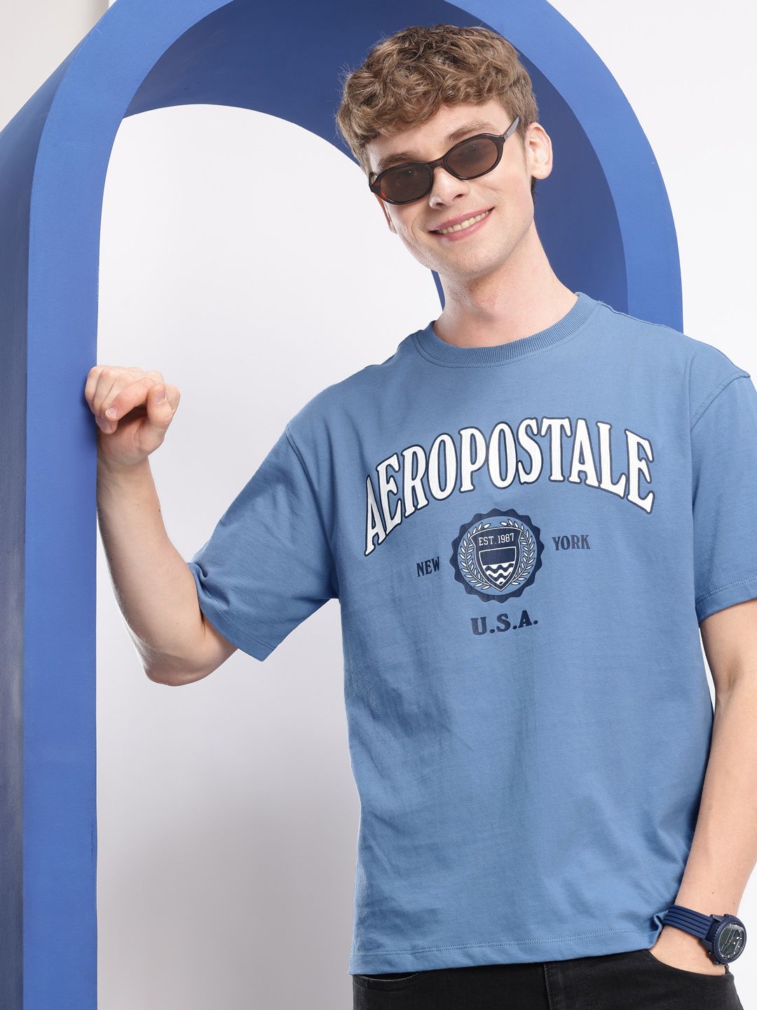 Aeropostale Brand Logo Printed Drop-Shoulder Sleeves Pure Cotton Relaxed Fit T-shirt