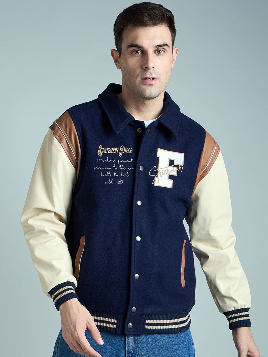 Buy FUGAZEE Men Brand Logo Woollen Varsity Jacket with Patchwork