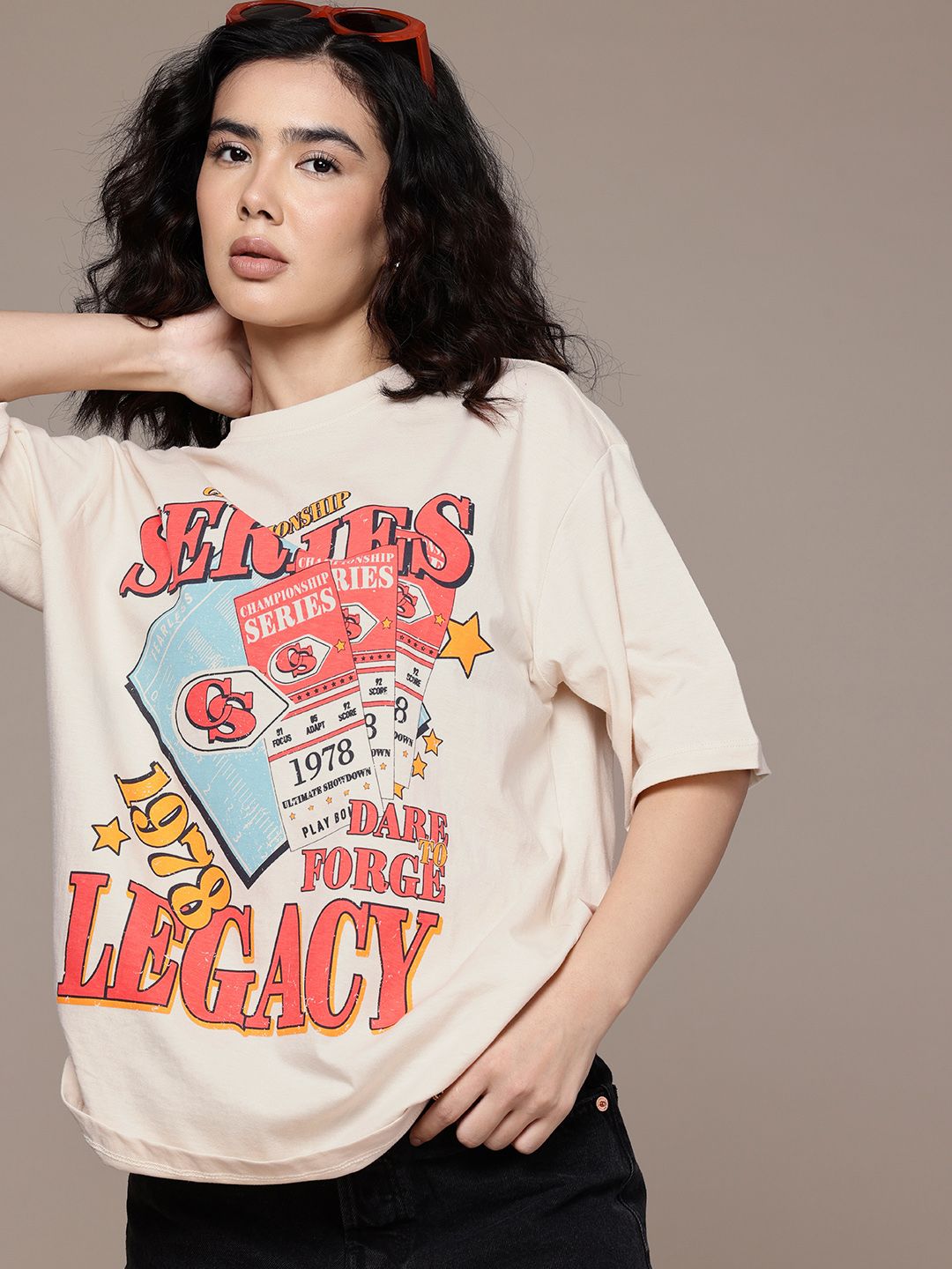 Roadster The Roadster Life Co. Oversized Fit Graphic Printed Pure Cotton T-shirt