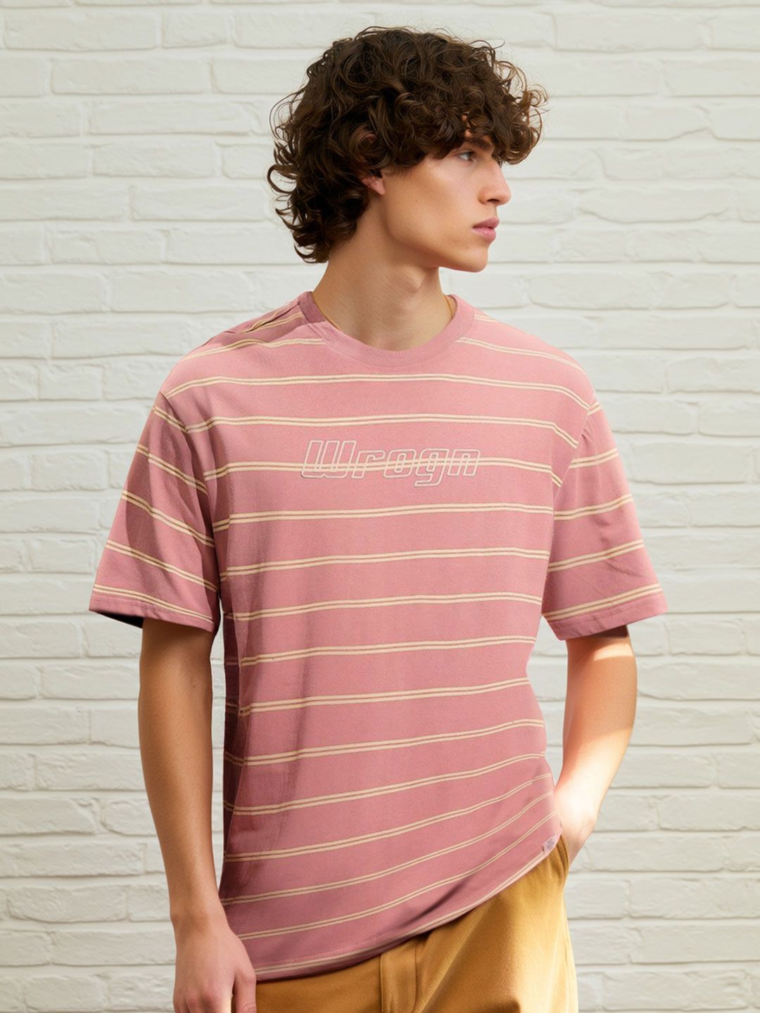 WROGN Striped Drop-Shoulder Sleeves Pure Cotton Oversized T-shirt