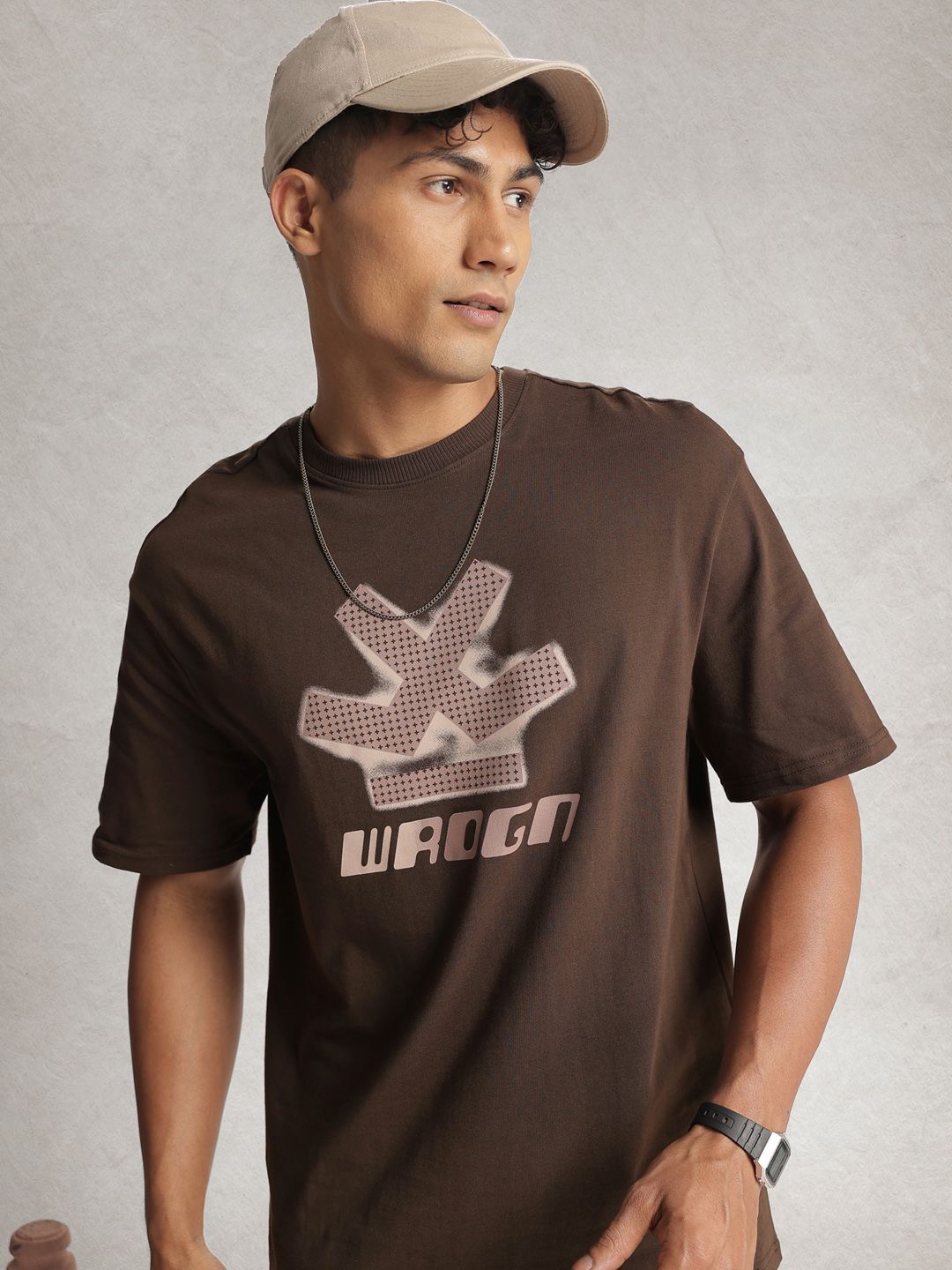 WROGN  Cotton Brand Logo Printed Drop-Shoulder Sleeves Oversized T-shirt