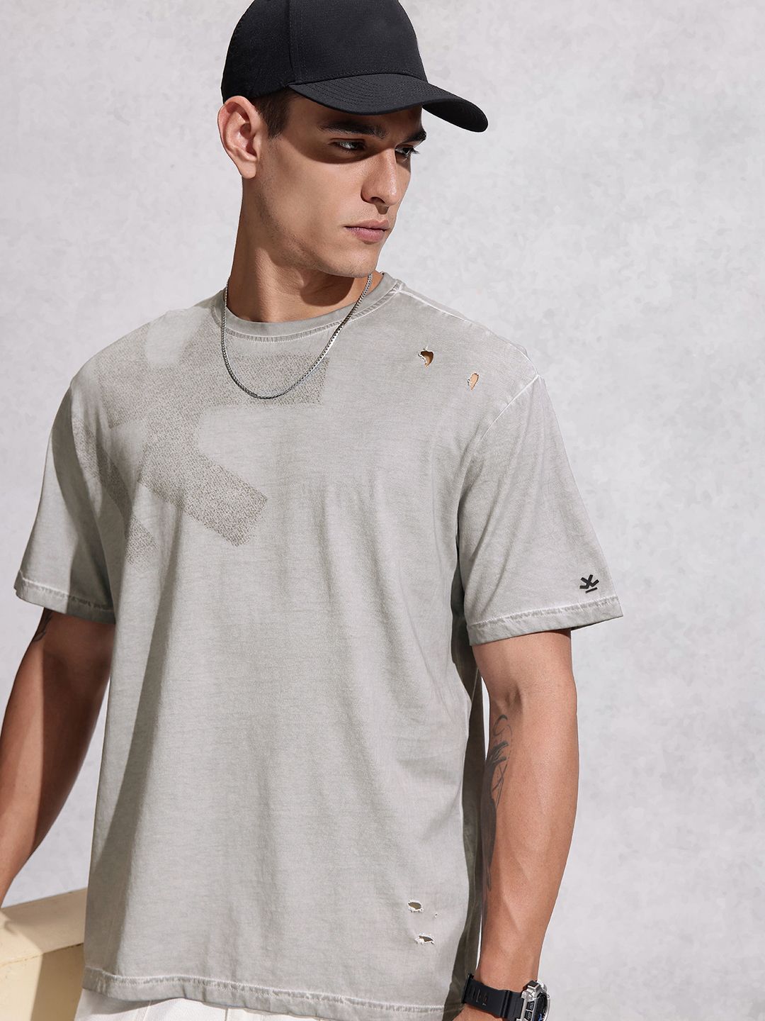 WROGN Brand Logo Printed Drop-Shoulder Sleeves Pure Cotton Oversized T-shirt