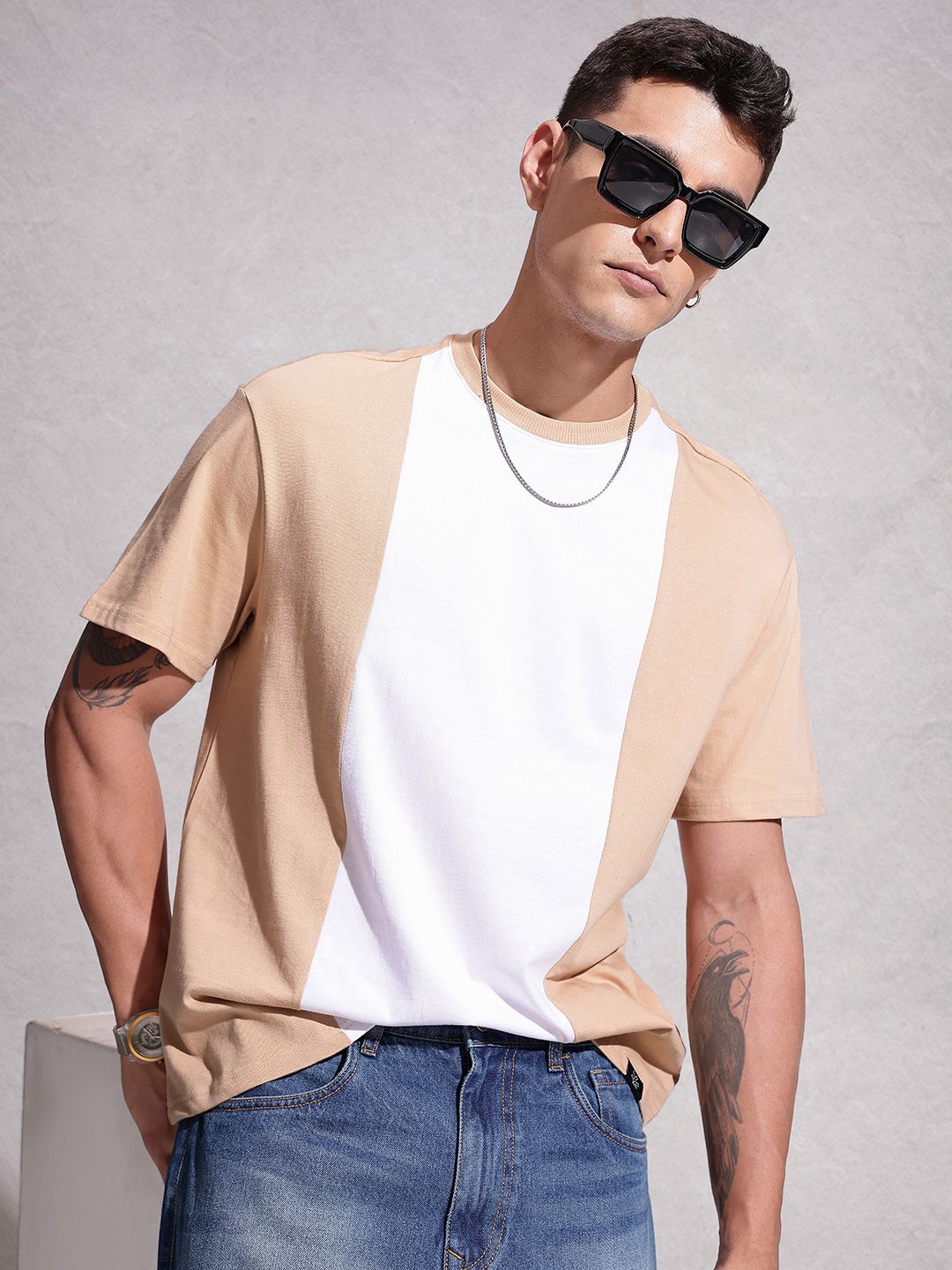WROGN Colourblocked Drop-Shoulder Sleeves  Cotton Oversized T-shirt