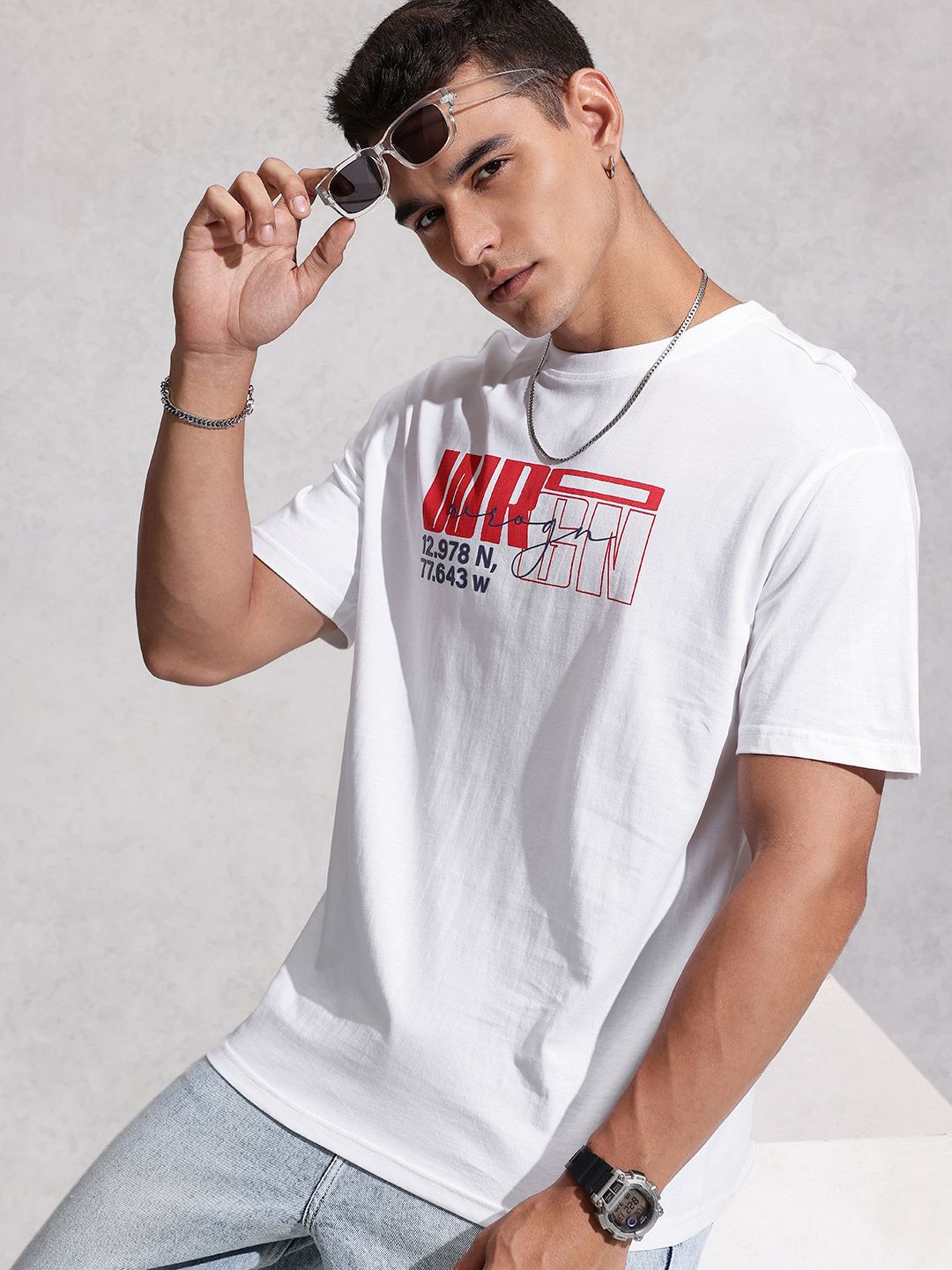 WROGN Brand Logo Printed Drop-Shoulder Sleeves Cotton Oversized T-shirt