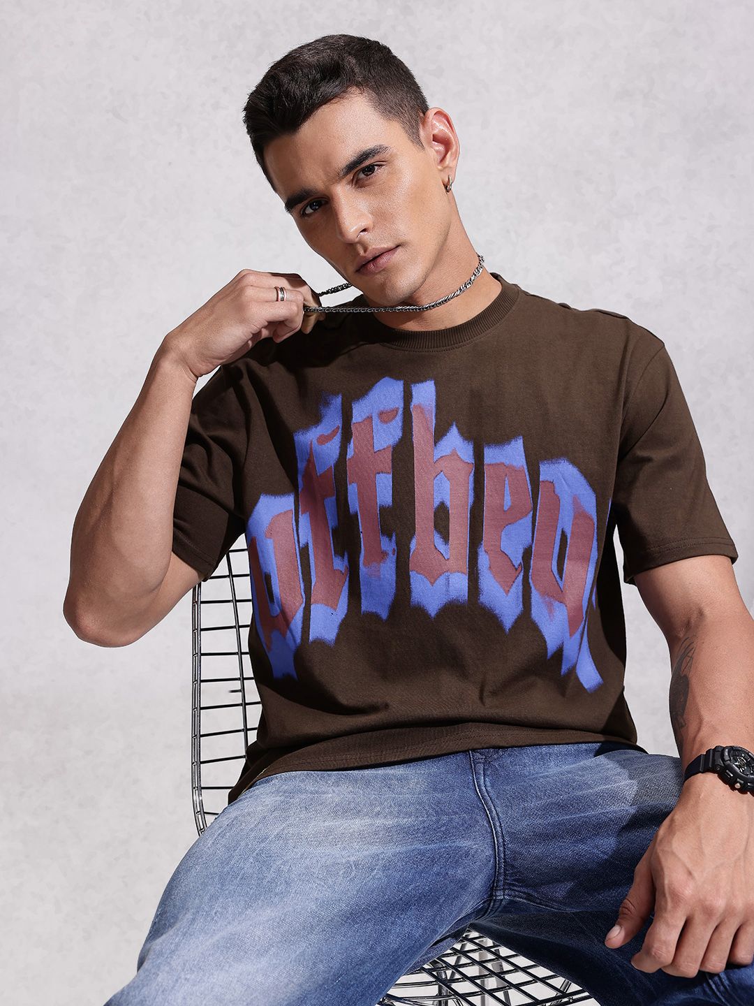 WROGN Typography Printed Drop-Shoulder Sleeves  Cotton Oversized T-shirt