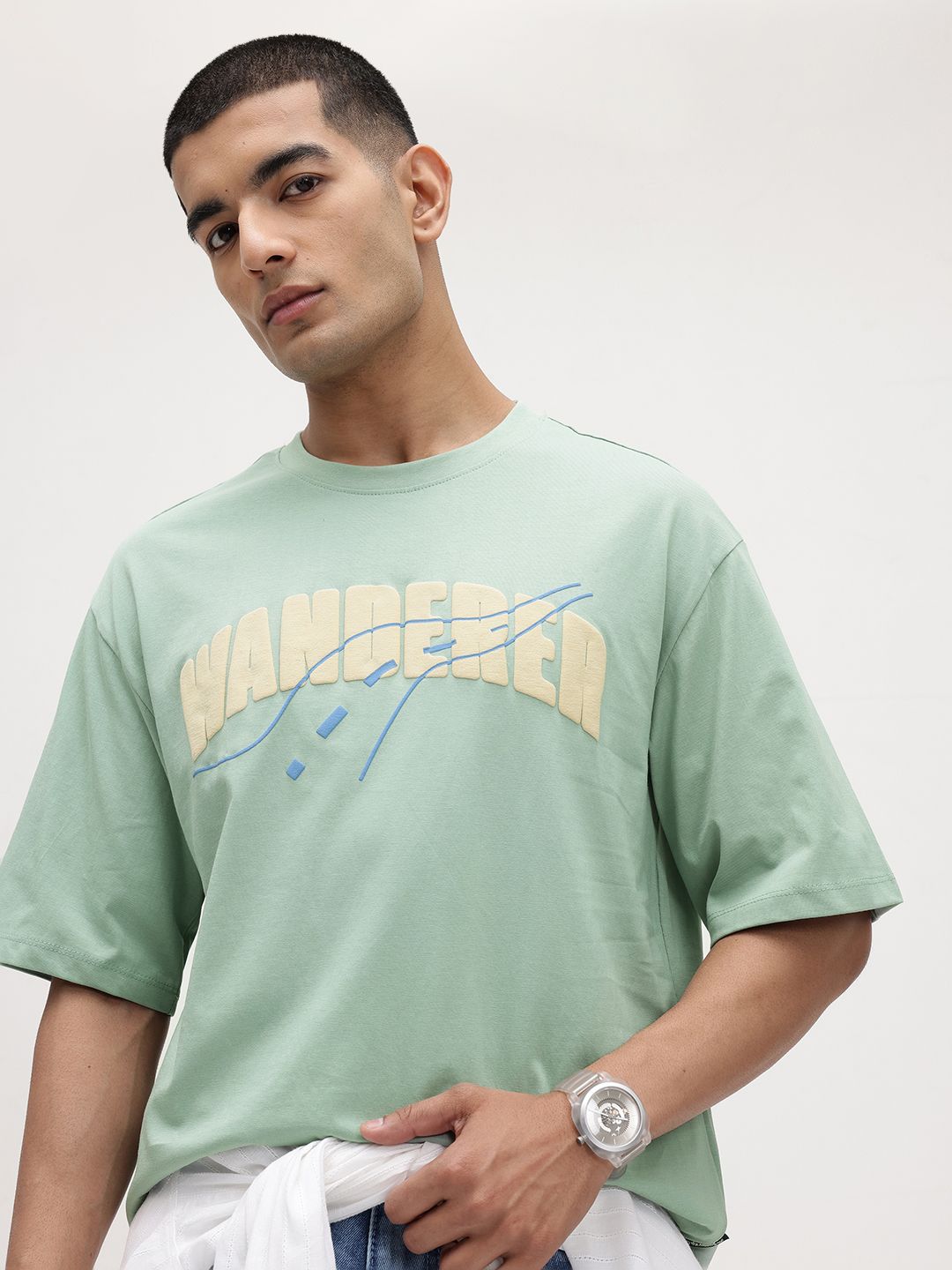 The Roadster Life Co. Men Typography Printed Pure Cotton Drop-Shoulder Sleeves Relaxed Fit T-shirt