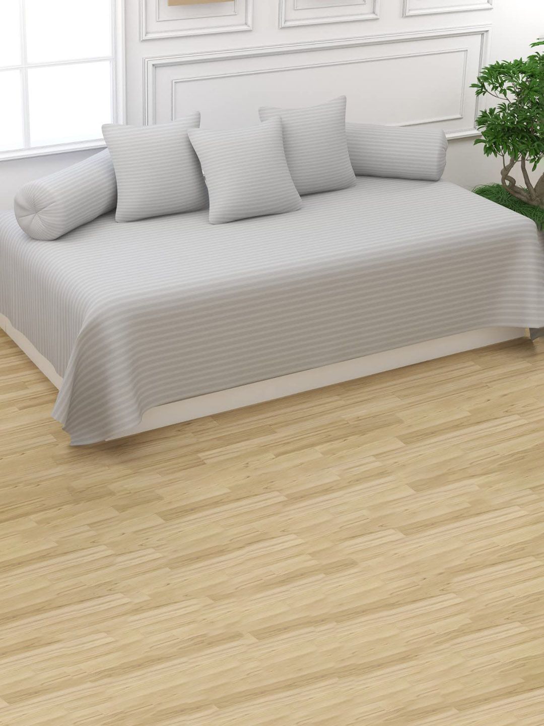 Trance Home Linen 6-Pcs Grey Striped Cotton Diwan Set
