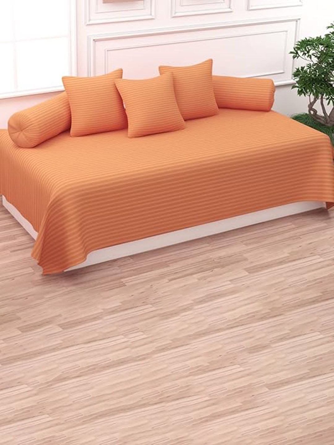 Trance Home Linen 6-Pcs Peach Colored Striped Cotton Diwan Set