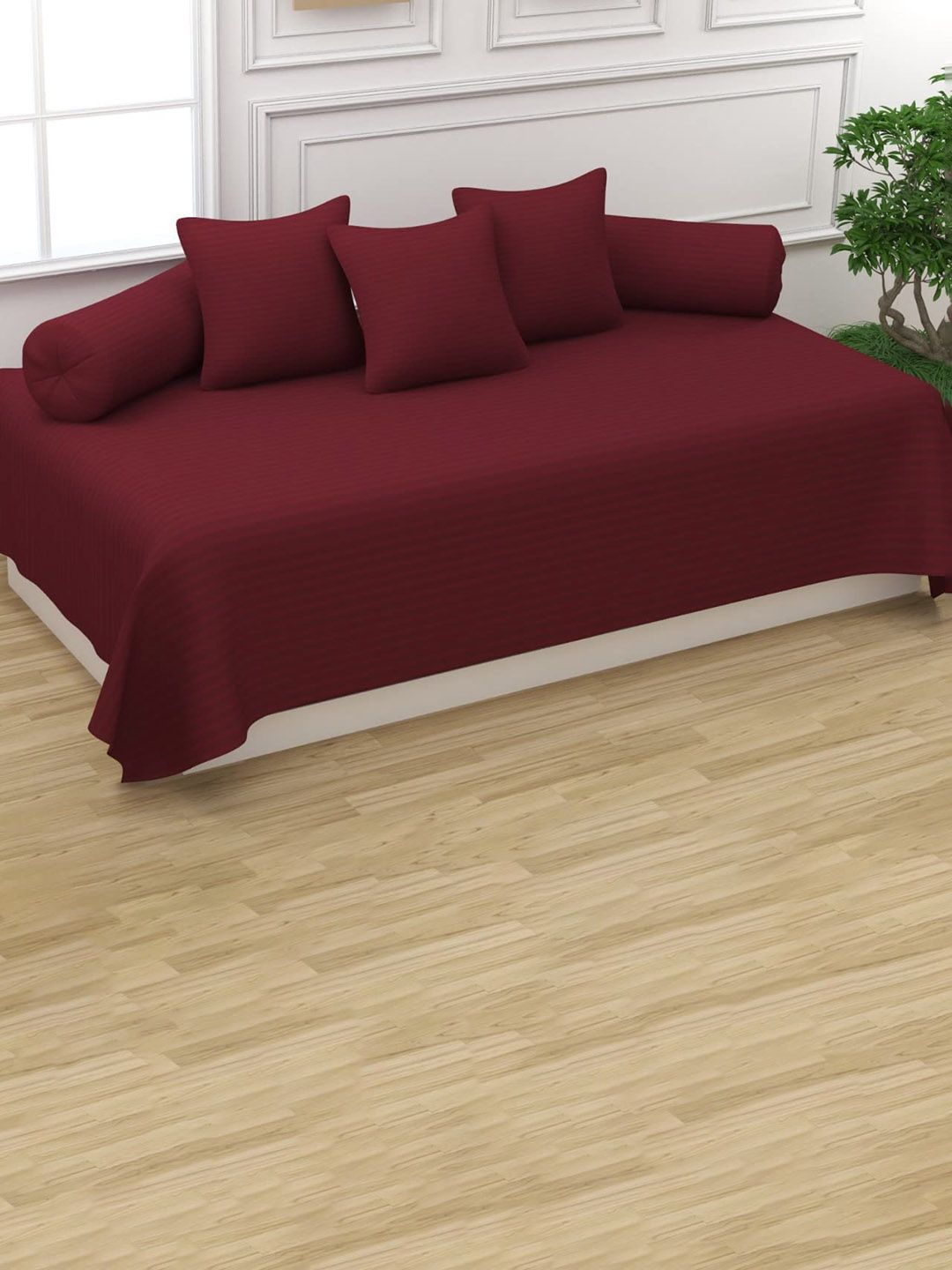 Trance Home Linen 6-Pcs Maroon Striped Cotton Diwan Set