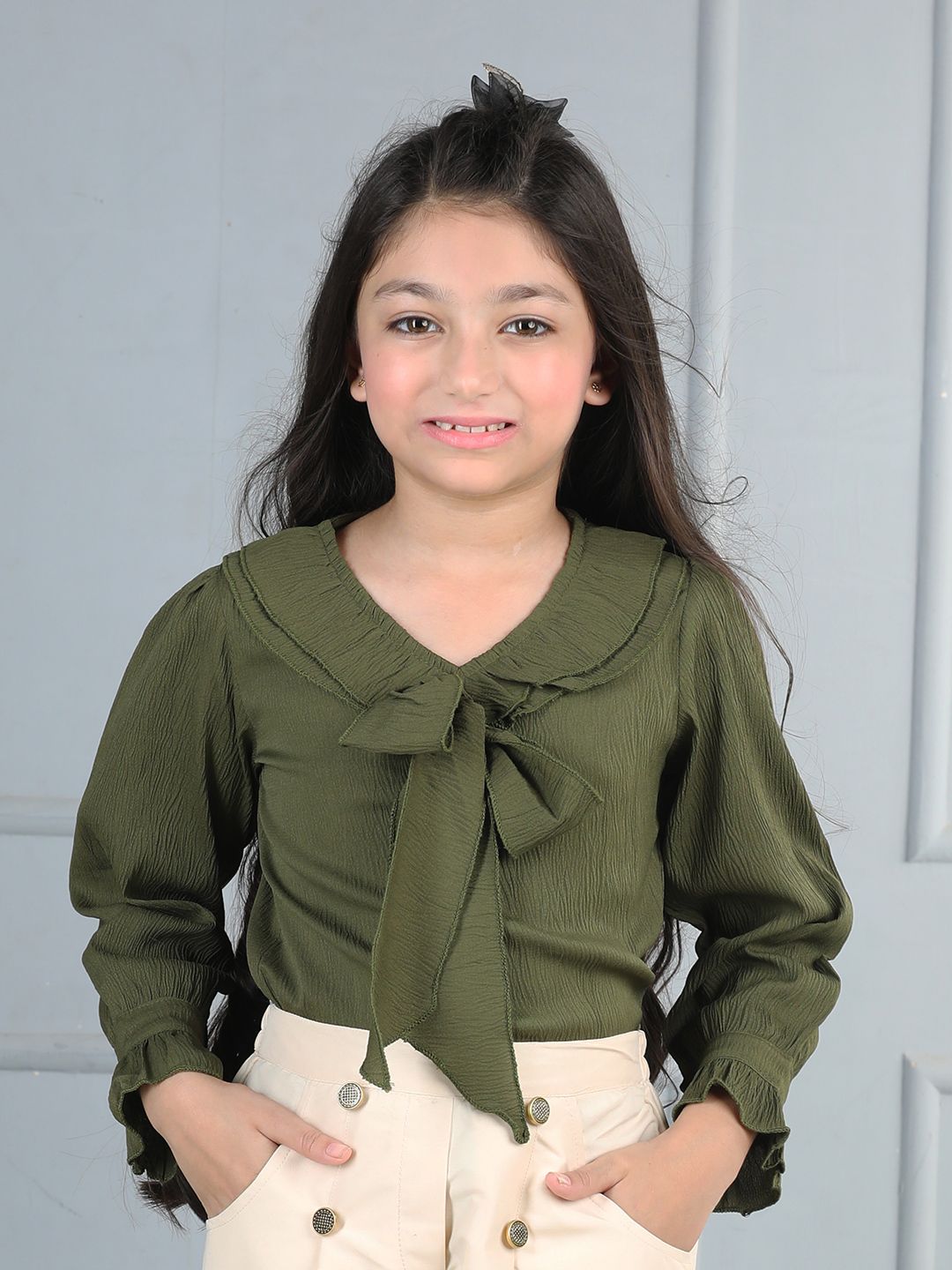 Cutiekins Girls Tie-Up Neck Flared Sleeve Ruffles Top