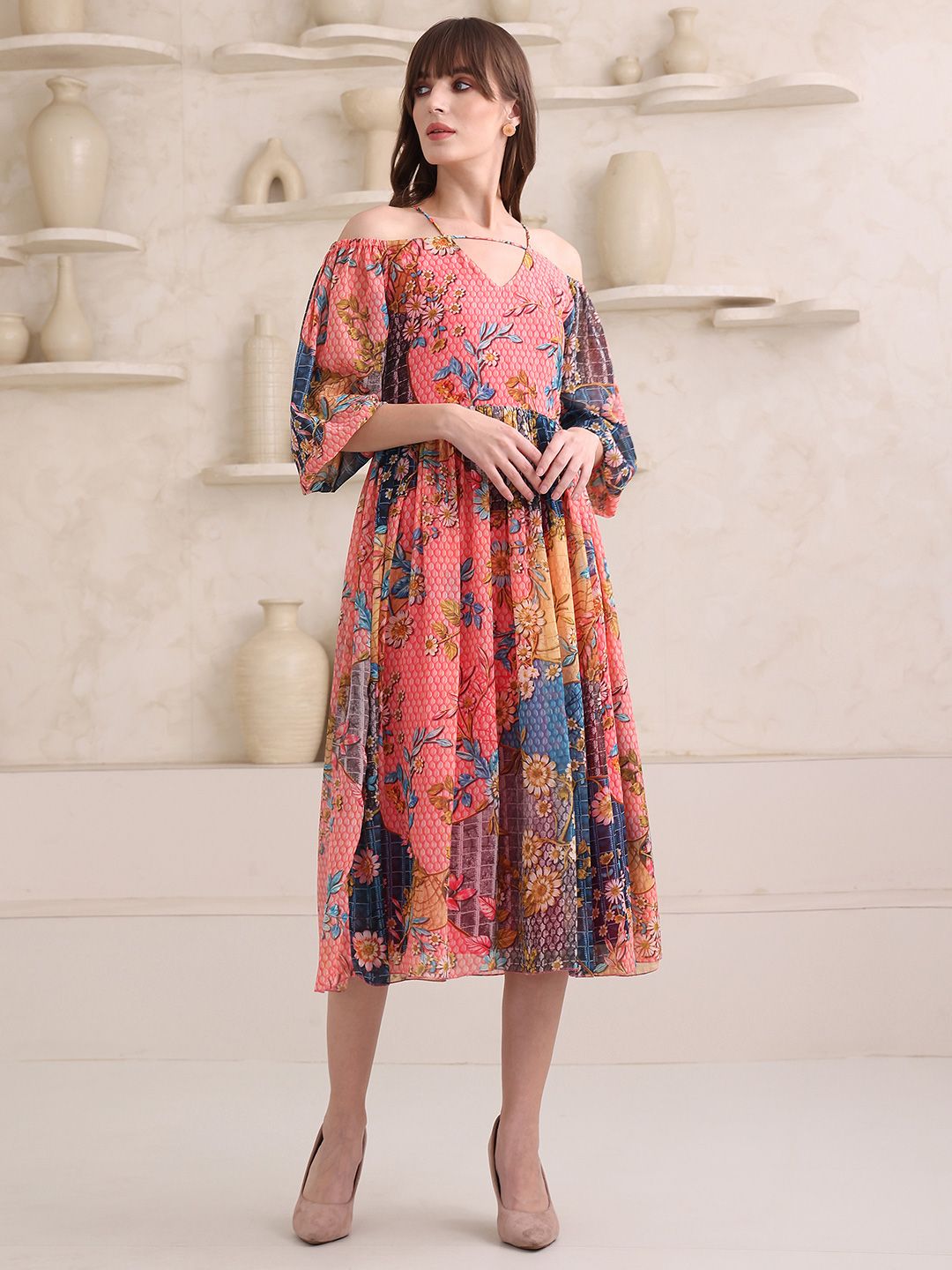 Buy PURVAJA Women Floral Printed Puff Sleeve Fit & Flare Midi