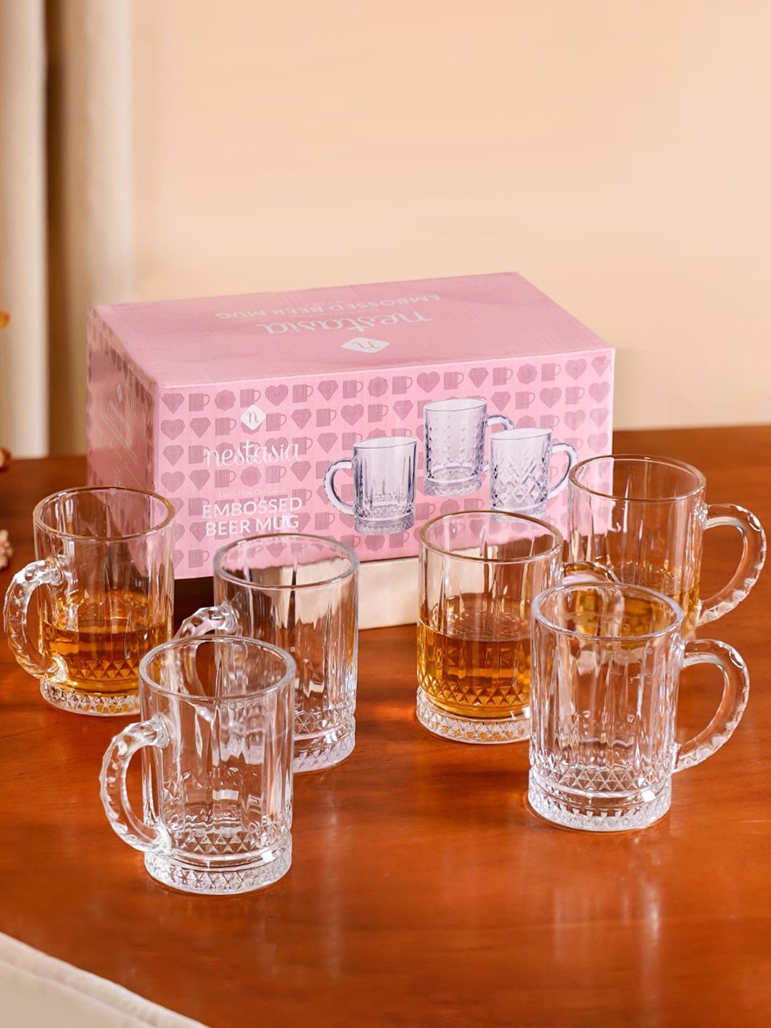 Nestasia Floral Trellis Transparent Textured Glass Handmade 6 Piece Mugs-220ml