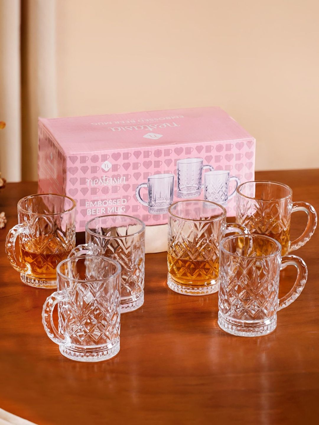 Nestasia Transparent Textured Glass Microwave Safe 6 Piece Mugs-220ml
