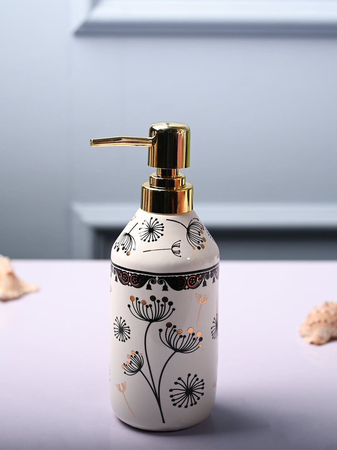 MARKET99 Off White Floral Printed Cylindrical Ceramic Waterproof Soap Dispenser - 750 ml