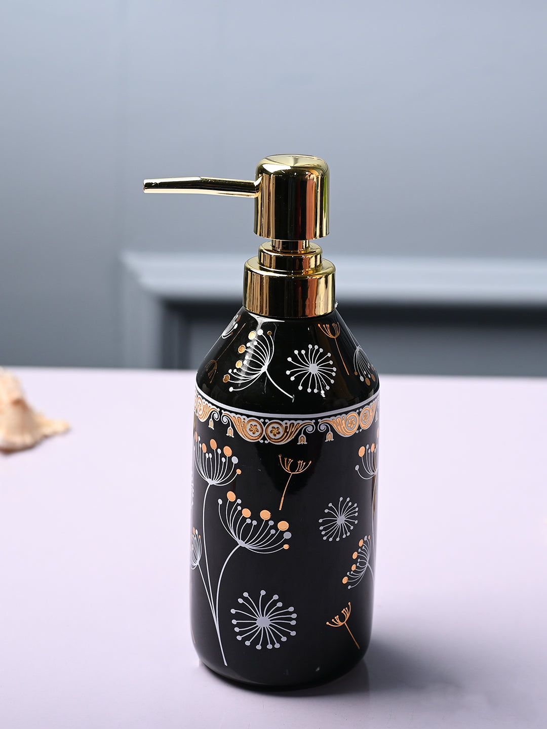 MARKET99 Black & Gold Toned Floral Printed Cylindrical Ceramic Glossy Soap Dispenser-750ml