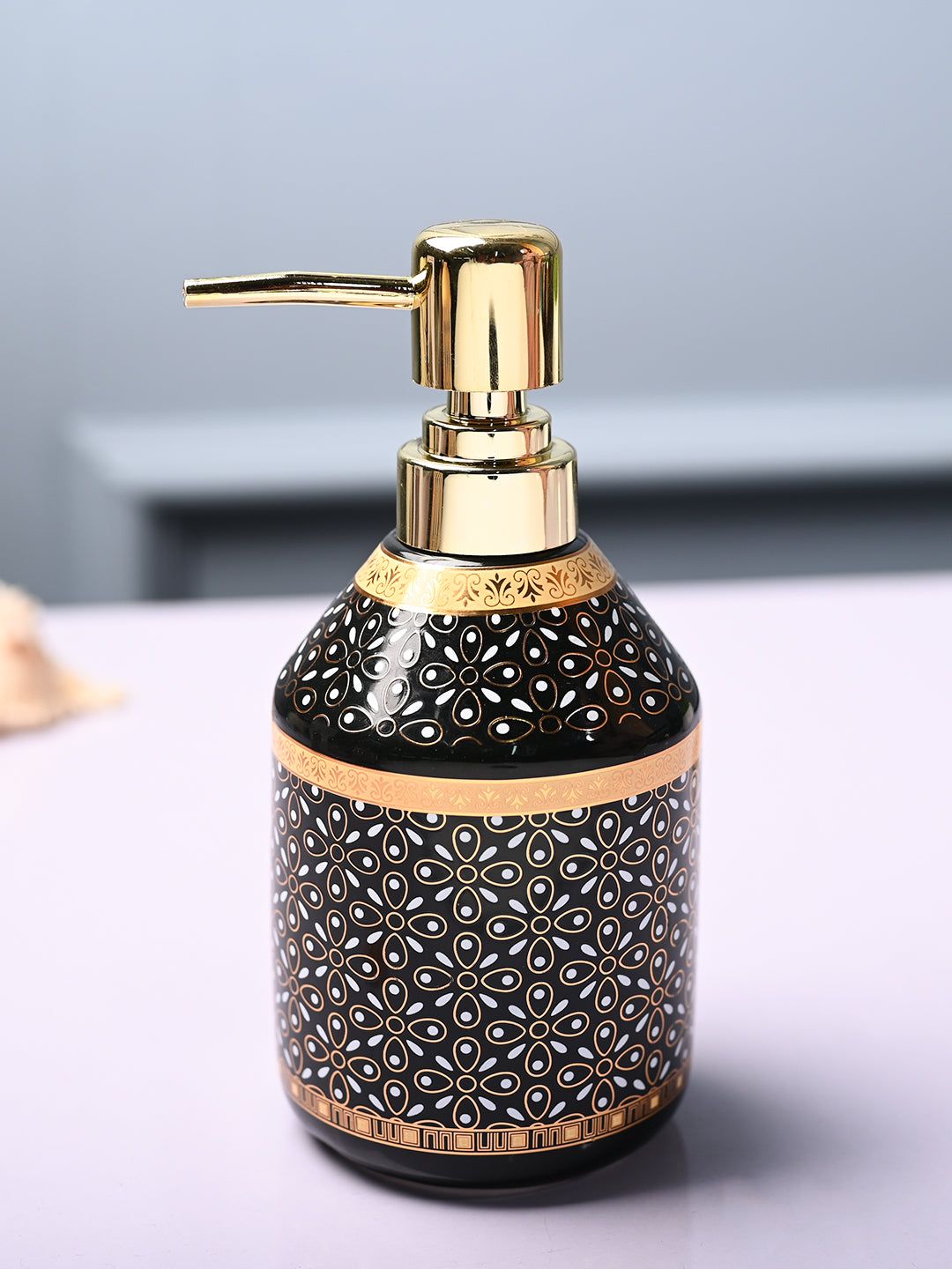 MARKET99 Black & White Geometric Printed Cylindrical Ceramic Glossy Soap Dispenser- 550 ml