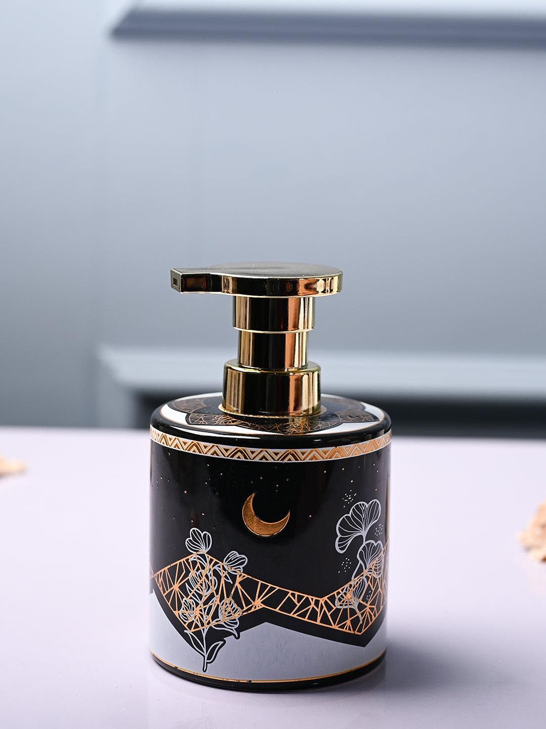 MARKET99 Black & Blue Abstract Printed Cylindrical Ceramic Glossy Soap Dispenser- 500 ml