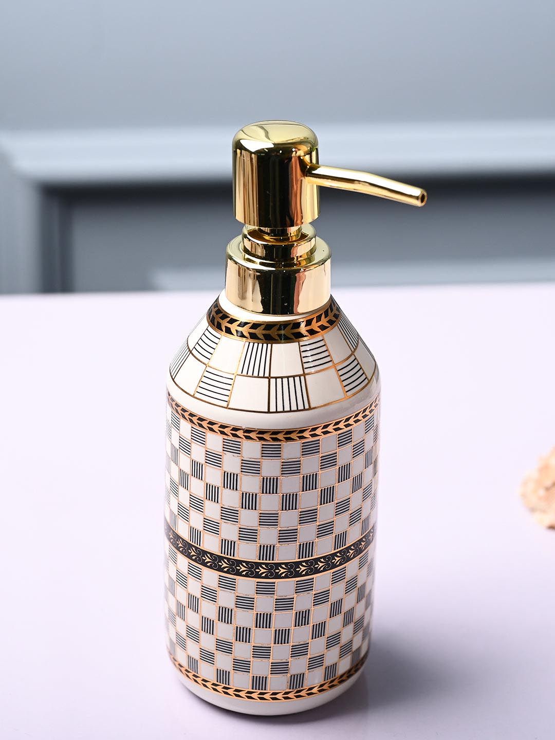 MARKET99 Off White & Black Geometric Printed Cylindrical Ceramic Soap Dispenser - 750 ml