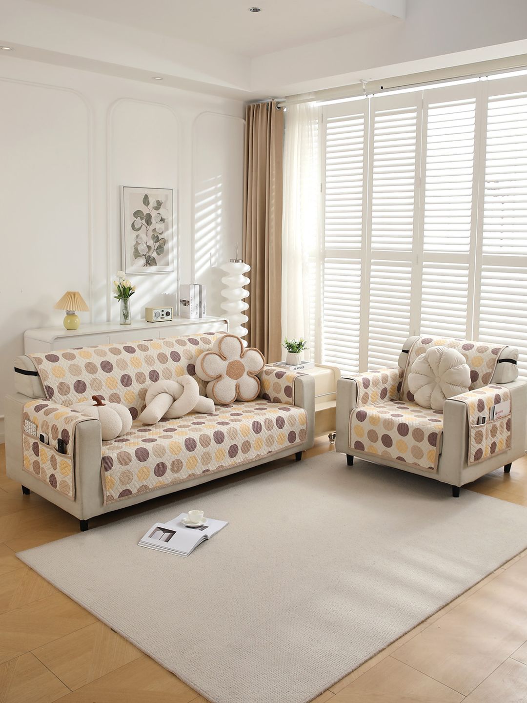 HOKIPO Brown Polka Dots Polyester Quilted Straight 2 Seater Sofa Cover-69x47In