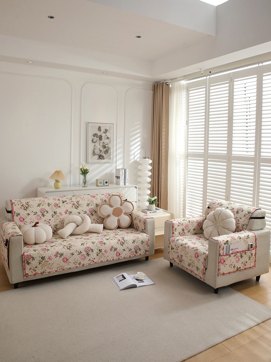 HOKIPO Gulab Beige Floral Polyester Quilted Straight 2 Seater Sofa Cover-69x47In
