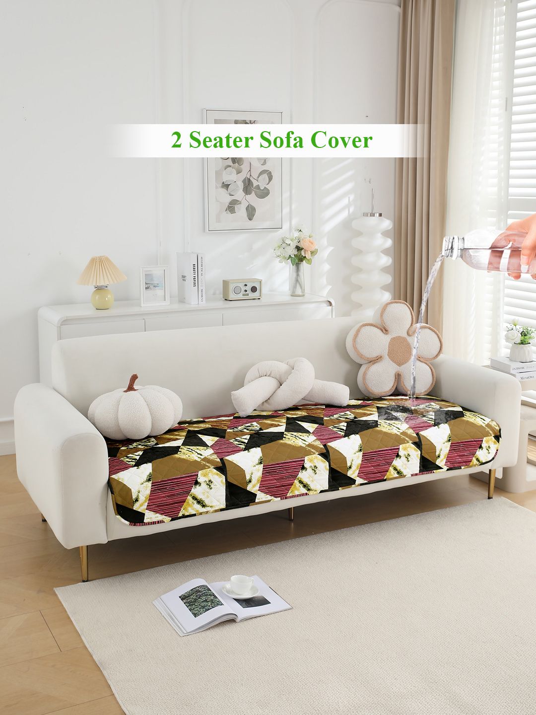 HOKIPO Red & Brown Printed Polyester Waterproof 2 Seater Sofa Seat Mat