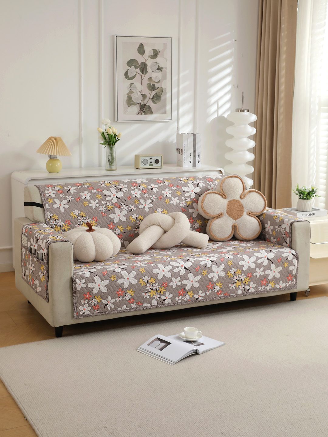 HOKIPO Brown Floral Polyester Quilted Straight 2 Seater Sofa Cover-69x47In