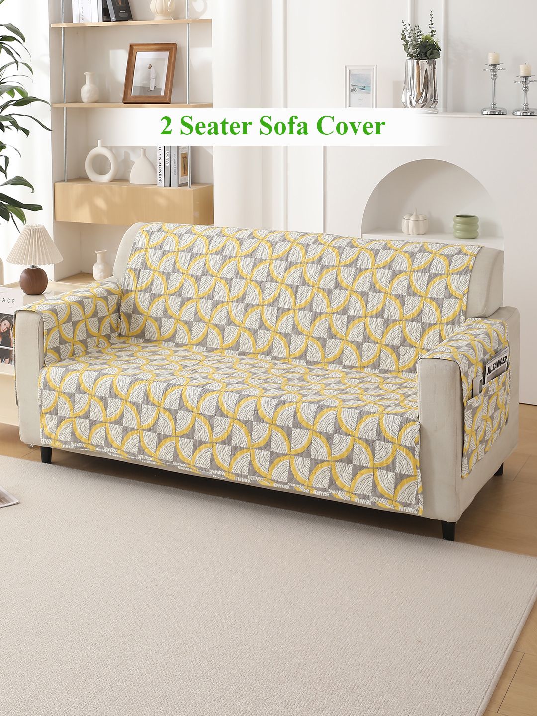 HOKIPO Quilted Yellow Geometric Polyester Straight 2 Seater Sofa Cover-69x47In