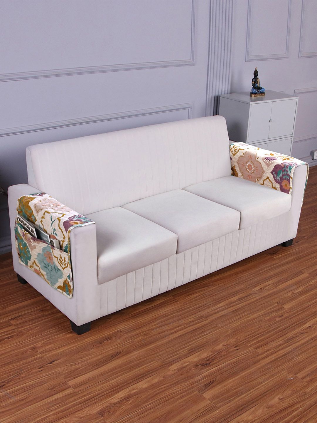 HOKIPO Quilted Beige Floral Polyester 2PC Straight 3 Seater Arm Rest Cover-19x33In
