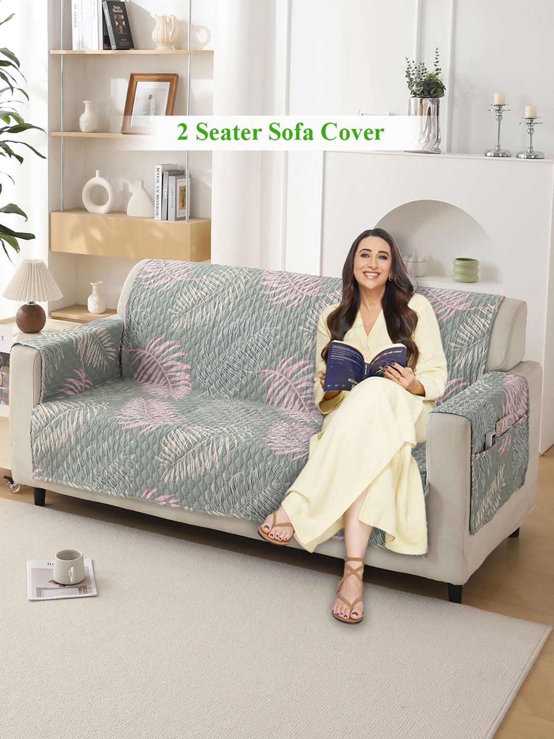 HOKIPO Quilted Tropical Leaves Leaf Polyester Straight 2 Seater Sofa Cover-69x47In
