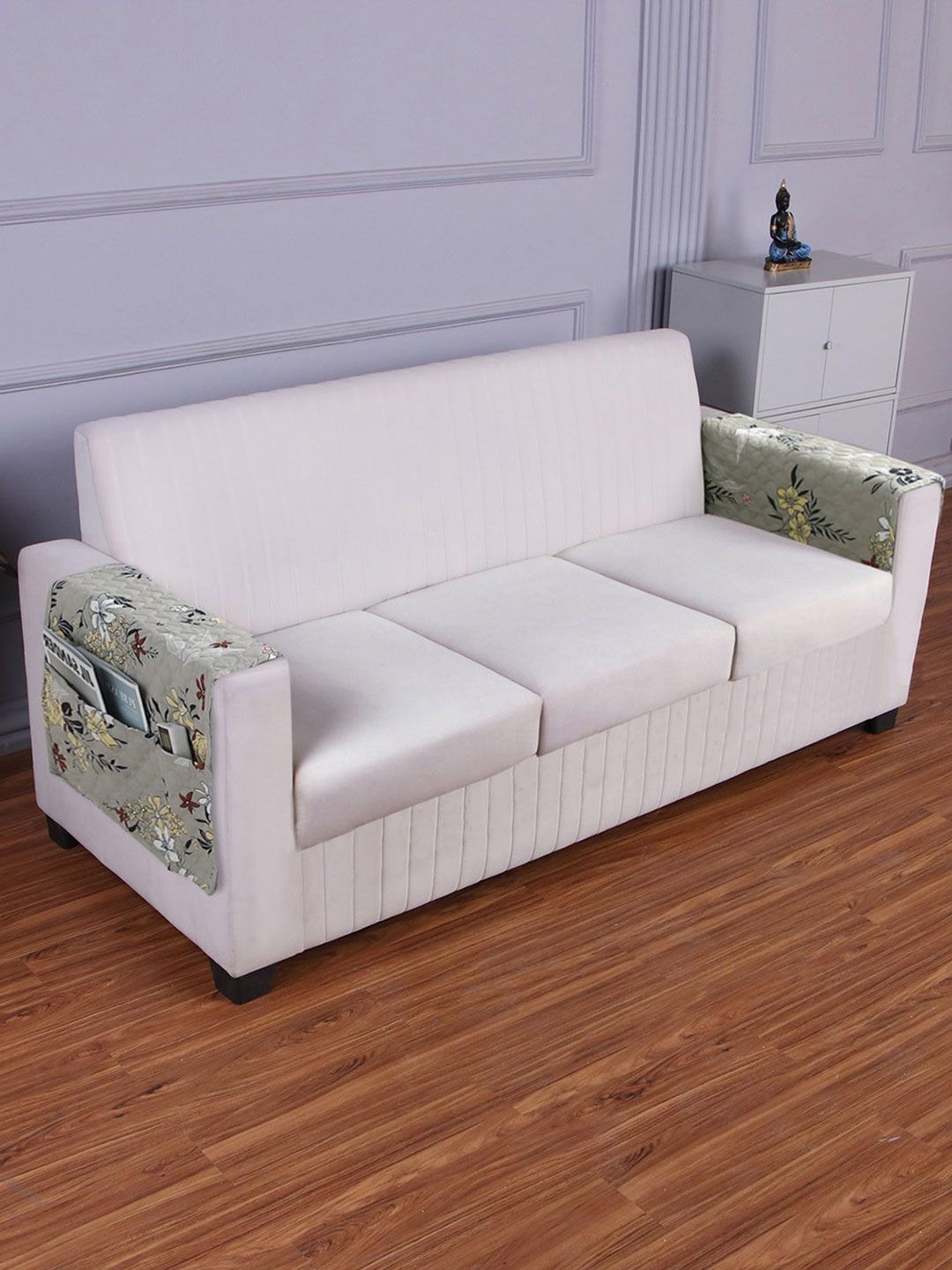 HOKIPO Quilted Grey Floral Polyester 2PC Straight 3 Seater Arm Rest Cover-19x33In