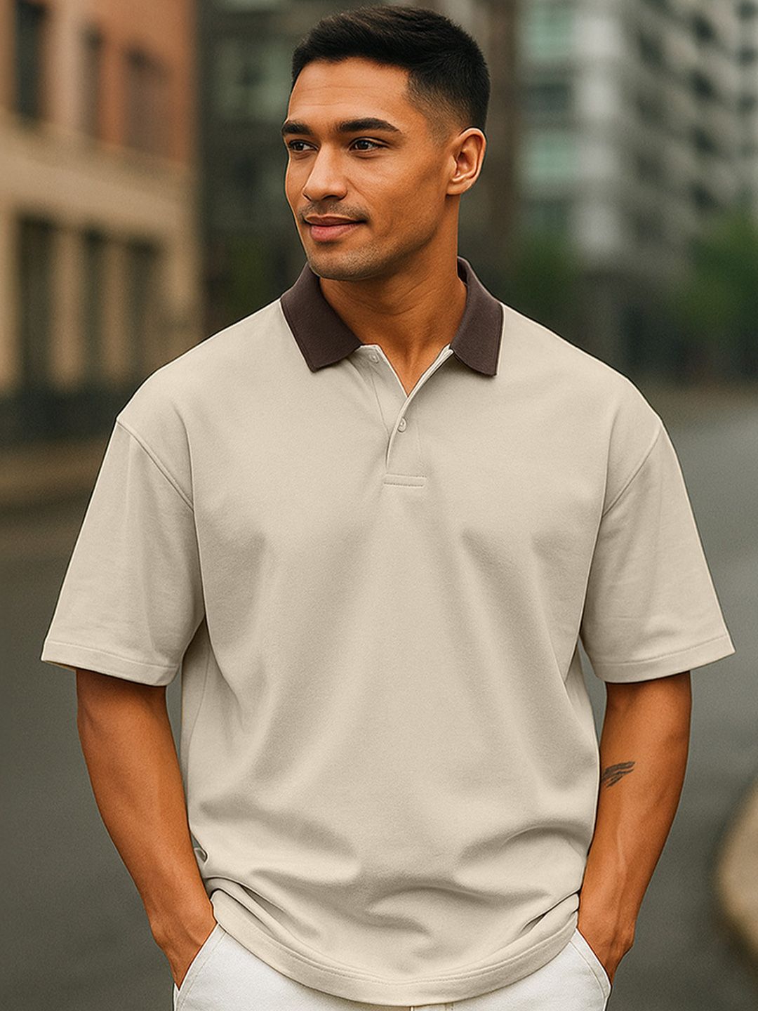 VEIRDO Men Solid Beige Pure Cotton Polo Collar Oversized T-shirt