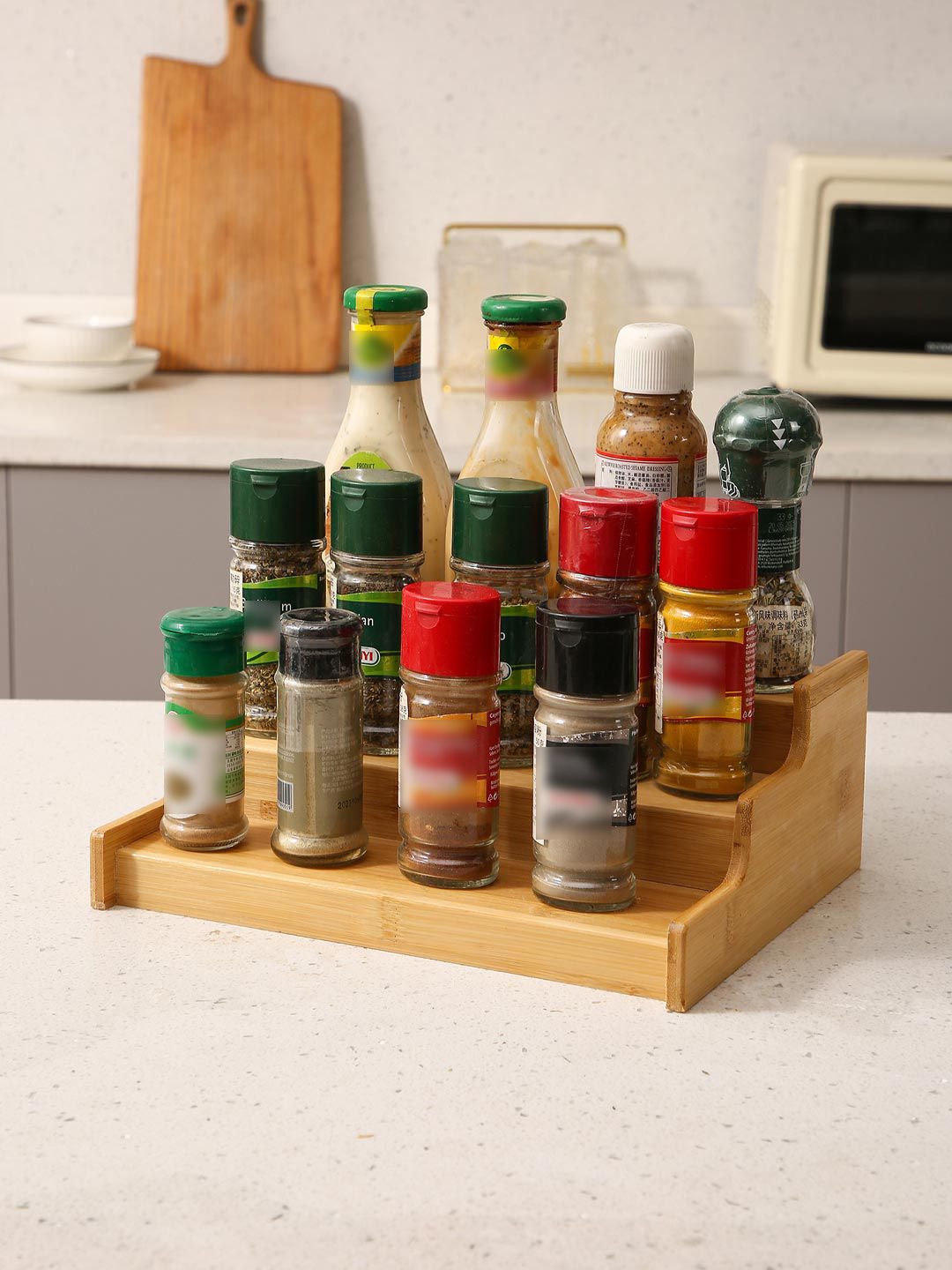 HOKIPO Brown Wooden 3-Tier Spice Jar Organizer for Kitchen