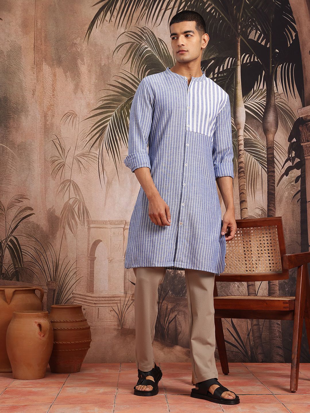 Sangria Band Collar Striped Kurta