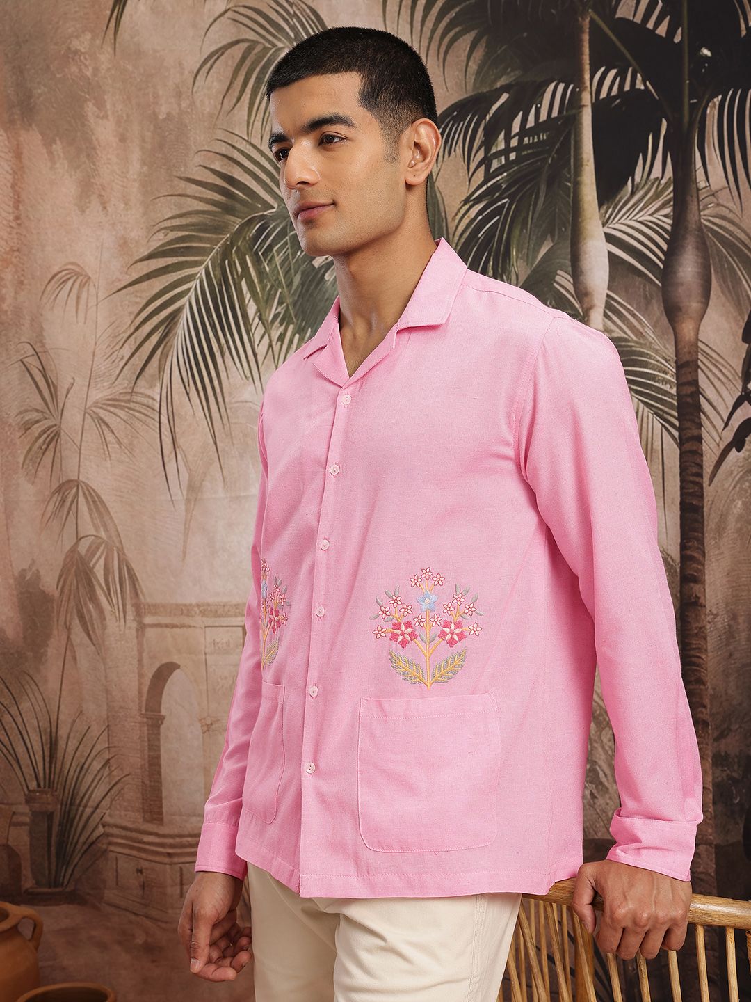 Sangria Cuban Collar Oversized Pockets Embroidered Shirt