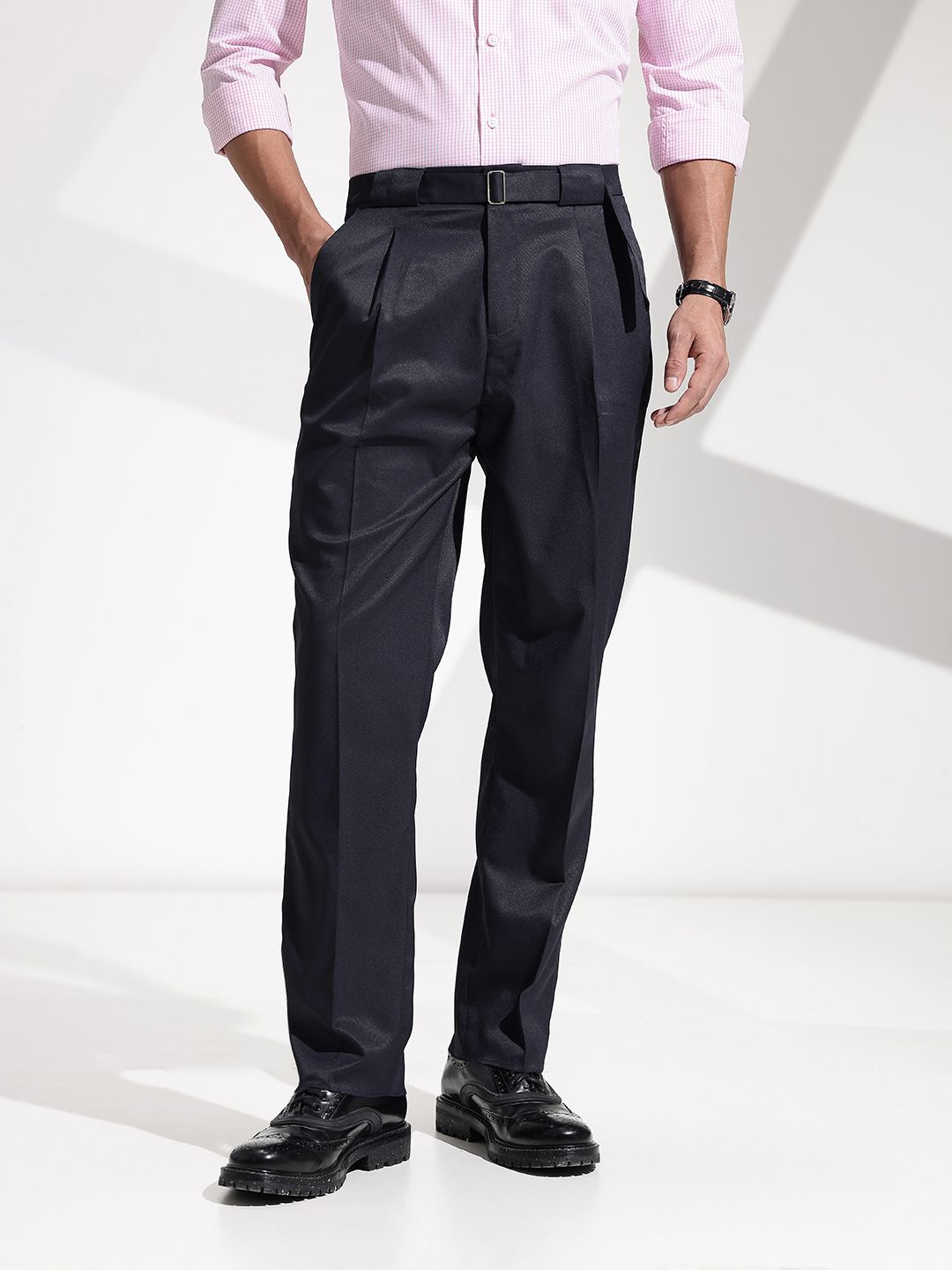 encore by INVICTUS Men Self Design Textured Pleated Formal Trousers