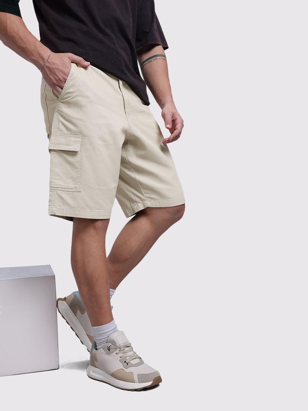 Men Cotton Cargo-Style Shorts The Roadster Life Co. Men Mid-Rise Pure Cotton Relaxed Fit Cargo-Style Shorts
