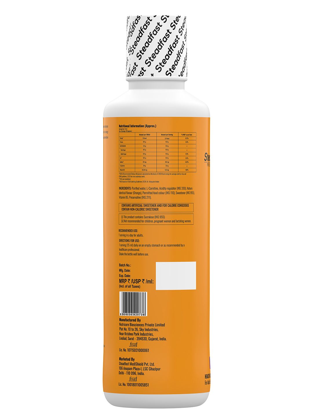 Buy Steadfast Nutrition L-Carnitine 3000mg Liquid Supplement with Vitamin  B5 450ml (Orange) - Weight Loss Supplements for Unisex 31845182 | Myntra